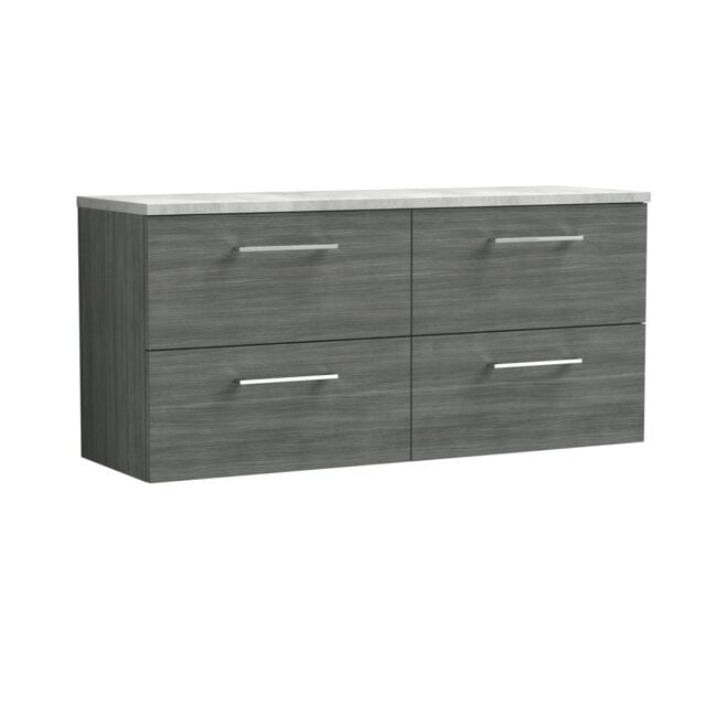 Balterley Level Wall Hung 4 Drawer Vanity Unit with Laminate Worktop for Modern Bathroom Storage Grey Anthracite Woodgrain