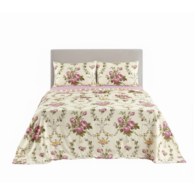 Soft Floral Brushed Cotton Fitted Flat Sheet And Matching Pillowcases Pink Single