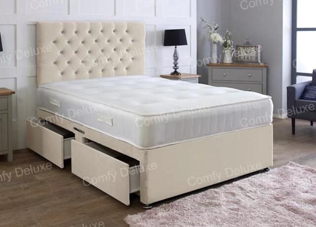 4ft Small Double Coffee Plush Velvet Divan Bed With Headboard & Memory Sprung Mattress 4 Drawers