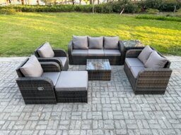 Fimous 8 Seater Garden Furniture Set Rattan Outdoor Lounge Sofa Chair With Tempered Glass Table Big Footstool Side Table Dark Grey Mixed