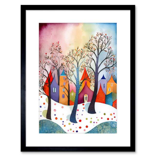 "Winter Whimsy Forest Village Folk Art 9x7"" Black Framed Wall Art Print"