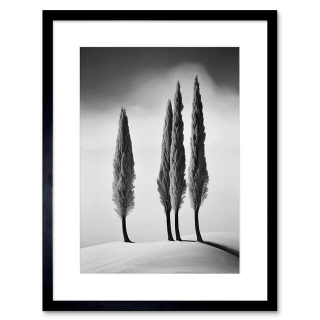 "Group of Cypress Trees Snowy Hill Minimalist 9x7"" Black Framed Wall Art Print"