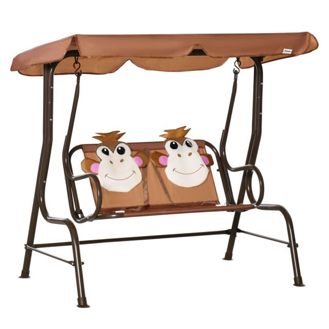 Outsunny 2 Seat Kids Canopy Swing Chair w/ Adjustable Awning, Seatbelt - Brown Brown