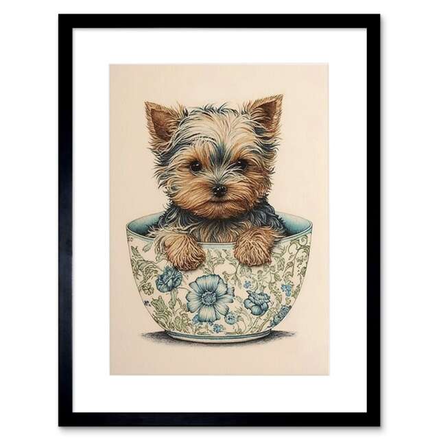 "Cute Teacup Yorkshire Terrier Dog Floral Tea Cup 9x7"" Black Framed Wall Art Print"