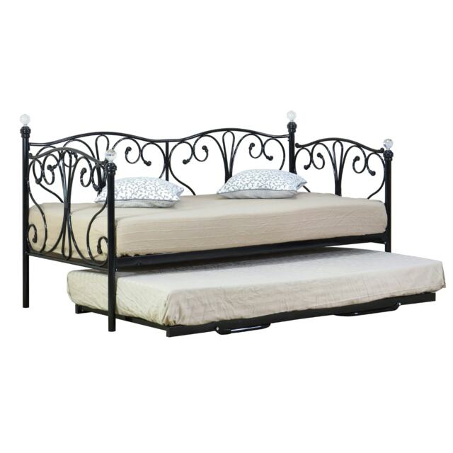 2ft6 Black Metal Day Bed With Crystal Finials With Trundle