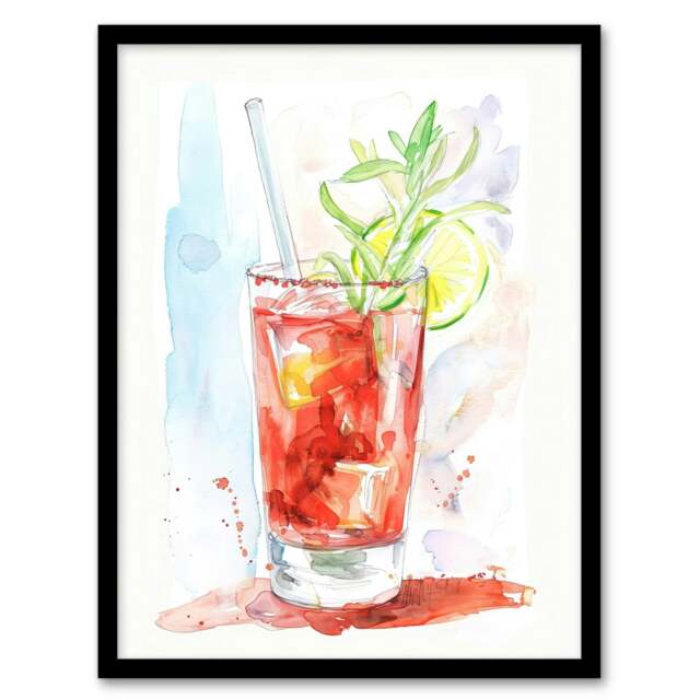 Bloody Mary Cocktail Drink Watercolour Kitchen Bar Black Framed Wall Art Print A4