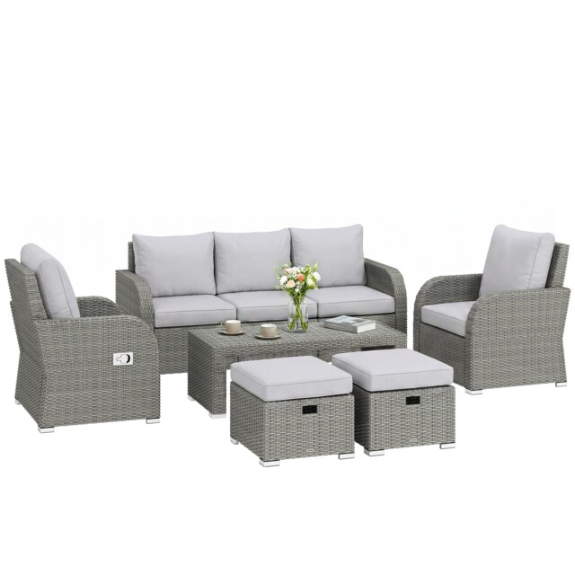Outsunny Rattan Garden Furniture Set with Recliners, Footstools, Light Grey Grey Light Grey