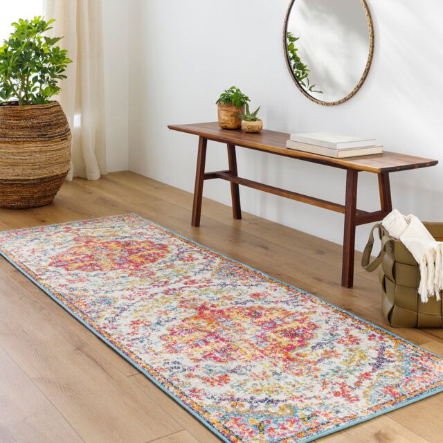 LIVABLISS Harput-Vintage Traditional Boho Rug 80 x 220 cm Blue Orange Yellow Grey