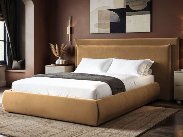 SOLACE+CO Sigrid Sand Velvet Cushion Headboard Ottoman Bed Double