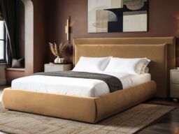 SOLACE+CO Sigrid Sand Velvet Cushion Headboard Ottoman Bed Double