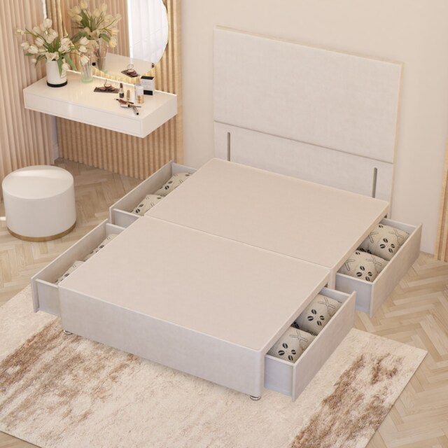 Divan Bed Base with 4 Drawers & Plain Floor Standing Headboard Plush Velvet White White
