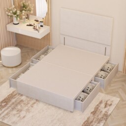 Divan Bed Base with 4 Drawers & Plain Floor Standing Headboard Plush Velvet White White