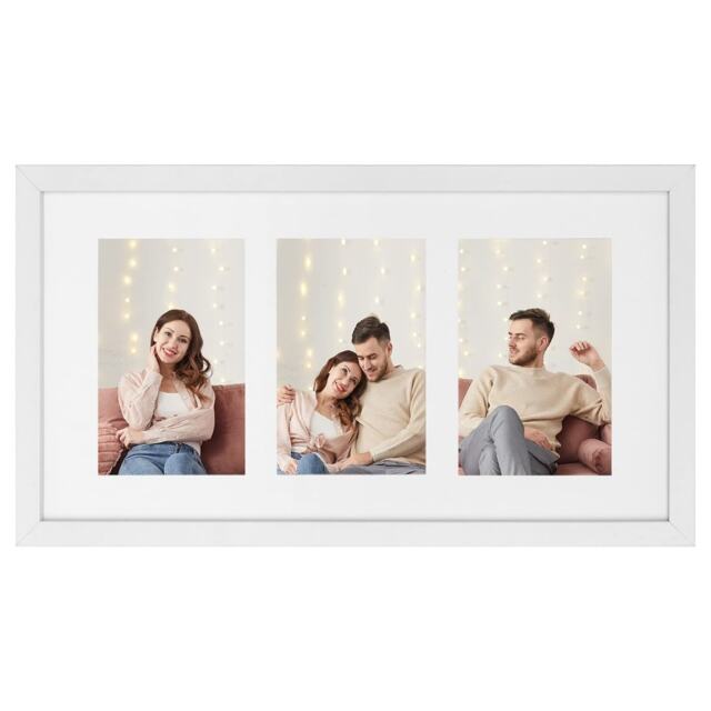 Triple Photo Frame, Display for Three Pictures, Wall Mounted or Tabletop Use, Glass Front, White