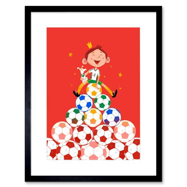 "Football Soccer Ball King Dog Cartoon Boy Kids Bedroom 9x7"" Black Framed Wall Art Print"