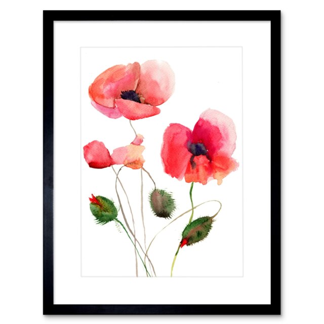 "Flower Poppies Watercolour Home Decor 12x16"" Framed Wall Art Print"