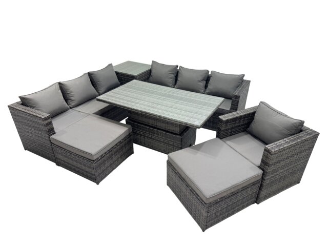 Fimous 9 Seater Outdoor Corner Sofa Height Adjustable Rising Lifting Table Set Garden Rattan Furniture Set with Side Table 2 Big Stool Dark Grey