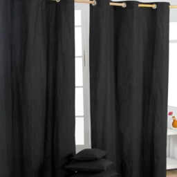 Homescapes Plain Black Cotton Eyelet Curtains - 117 x 137 cm Black Black (W) 117cm x (L) 137cm
