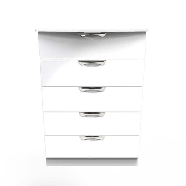 Holborn 5 Drawer Chest of Drawers in White Gloss & White (Ready Assembled) White White Gloss & White