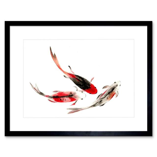 "3 Japanese Koi Carp Fish Pond Red 9x7"" Black Framed Wall Art Print"