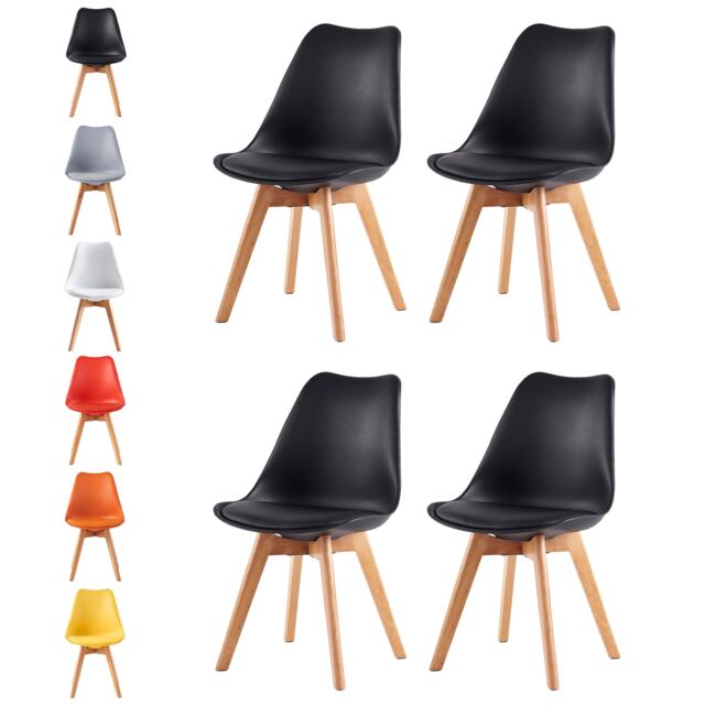 Set of 4 Dining Chairs with Solid Wooden Legs and Seat Cushion Pads in Black - Eva by MCC