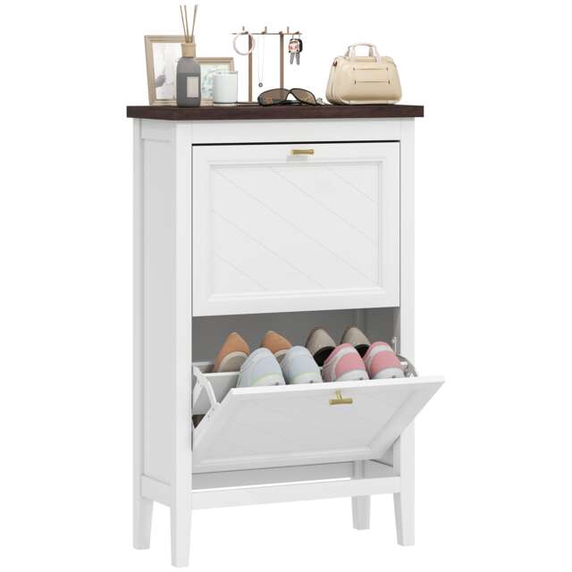 HOMCOM Shoe Cabinet with 2 Flip Drawers, Narrow Shoe Storage Cabinet, White