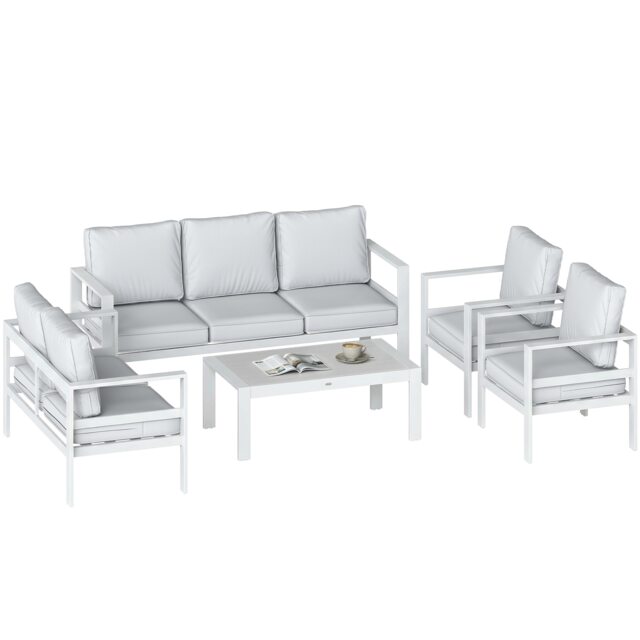 Outsunny Aluminium Garden Furniture Sofa Set with Olefin Cushions White White with light grey cushions Five Plus Seater