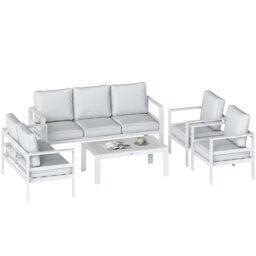 Outsunny Aluminium Garden Furniture Sofa Set with Olefin Cushions White White with light grey cushions Five Plus Seater