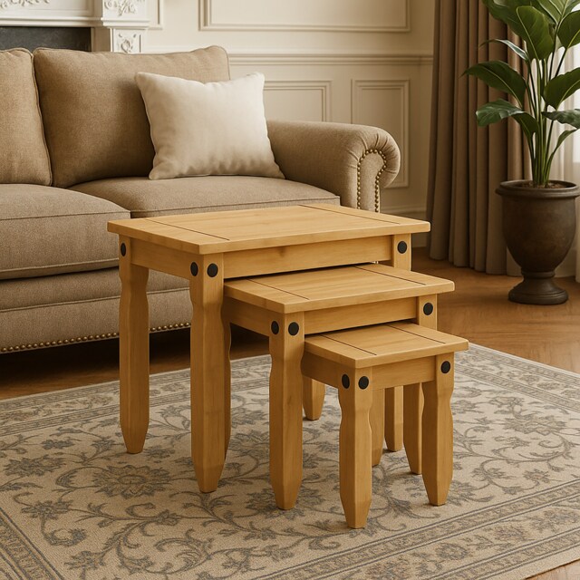 Vida Designs Corona Set of 3 Nest of Tables Sofa Side End Table, Solid Pine Wood