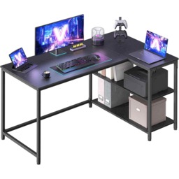 Corner Gaming Workstation, L-Shaped Computer Desk with Reversible Adjustable Storage Shelves, Ebony Black