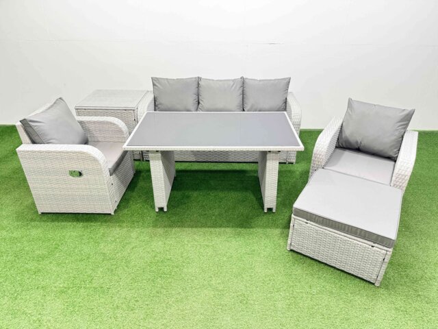 Fimous Outdoor Rattan Garden Furniture Dining Set 6-seater Patio Rectangular Table 3 Seater Sofa Reclining Chair Set with Side Table Big Stool