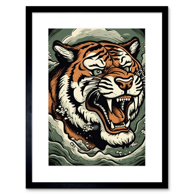 "Roaring Tiger Sea Waves Tattoo Ink Body Americana 50s 9x7"" Black Framed Wall Art Print"