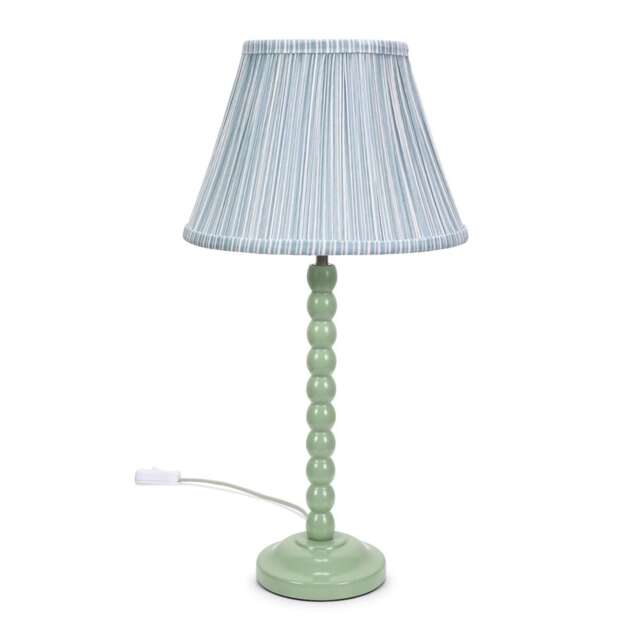 ValueLights Bobbles Sage Green Table Lamp Blue Pleat Shade and Bulb