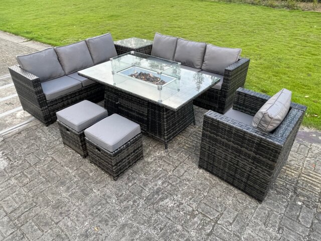 Fimous Outdoor Rattan Garden Corner Furniture Gas Fire Pit Table Sets Gas Heater Lounge Chair Small Footstool Dark Grey 9 Seater