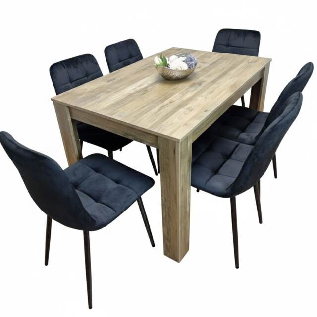 Dining Table and 6 Chairs Rustic Effect Wood Table 6 Black Velvet Chairs Dining Room