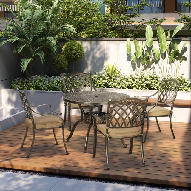 Outsunny 4 Seater Outdoor Dining Set with Cushions Parasol Hole Cast Aluminium Bronze