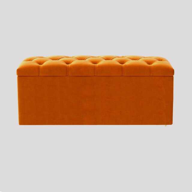 90cm Luna Chesterfield Ottoman Storage Box - Burnt Orange Plush Velvet Upholstered Blanket Box