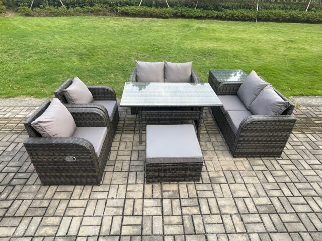 Fimous Rattan Outdoor Furniture Garden Dining Set Rectangular Table and Chair Sofa Set With Side Table Big Footstool Dark Grey Mixed