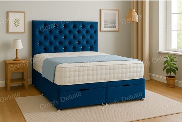 Ottoman Foot Lift Blue Naples 5ft Kingsize Divan Bed With Mattress & Headboard