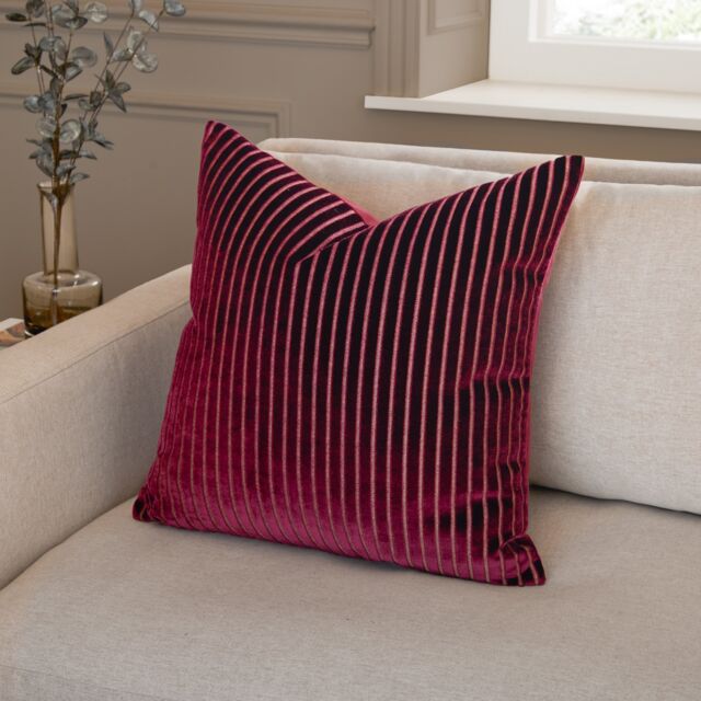 Paoletti Savoy Stripe Velvet Cushion Red Burgundy
