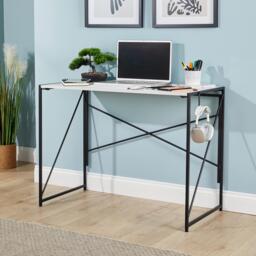 Folding Compact Desk Storage Hook Wood Metal Office Computer Table Workstation White