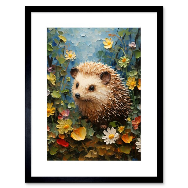"Hedgehog Wildflower Meadow Kids Bedroom 9x7"" Black Framed Wall Art Print"