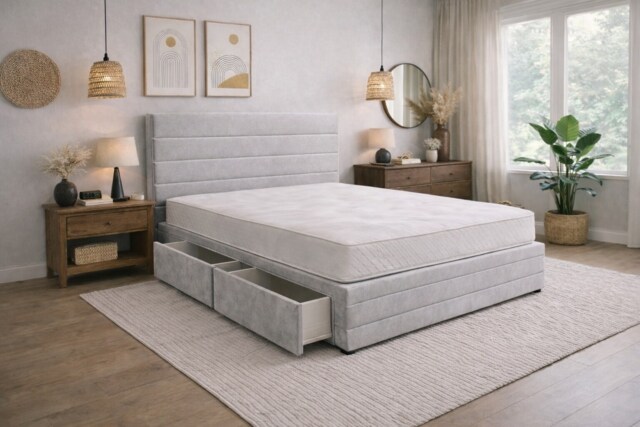 Divan Bed Set Headboard and Footboard with Mattress 4ft Small Double Silver Suede Storage No Drawers
