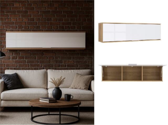 Wall Mounted Cabinet Living Room Floating Storage Shelf Unit 135cm White Gloss Oak Effect Zele