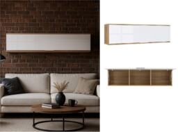 Wall Mounted Cabinet Living Room Floating Storage Shelf Unit 135cm White Gloss Oak Effect Zele