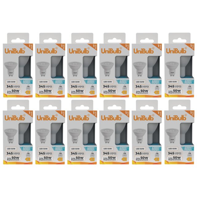 UniBulb LED GU10 345lm 3.6W (Replaces 50W) 6500K (Daylight) Spotlight Downlight Light Bulb - Pack of 12
