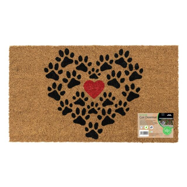 JVL Latex Backed Coir Entrance Doormat, 40x70cm - Heart Paws
