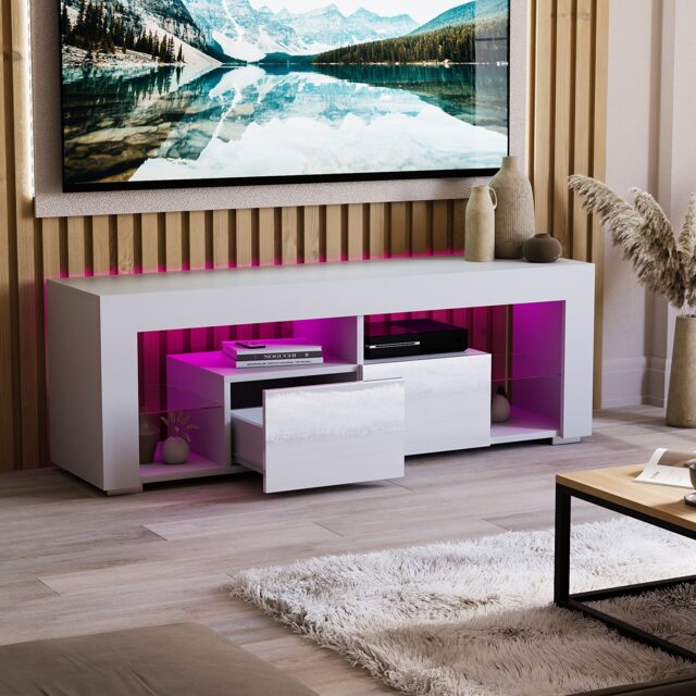Vida Designs Luna 2 Drawer LED TV Unit Entertainment Stand, White White 1