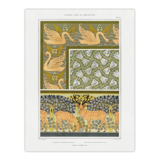 "Swans Butterflies Deer Patterns Vintage Wall Art Print Verneuil 12x16"""