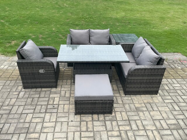 Fimous Wicker PE Rattan Furniture Garden Dining Set Outdoor Height Adjustable Rising lifting Table Love Sofa With Reclining Chair Side Tables Big Footstool