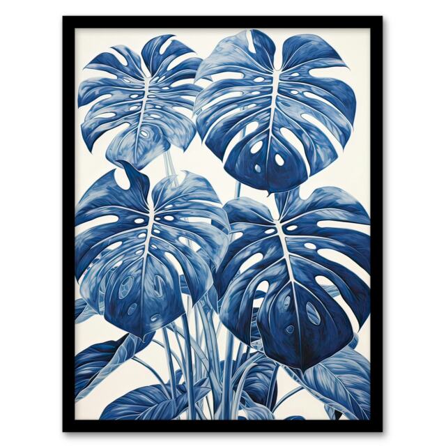 Monstera Plant Leaves Detailed Pencil Drawing Black Framed Wall Art Print A4
